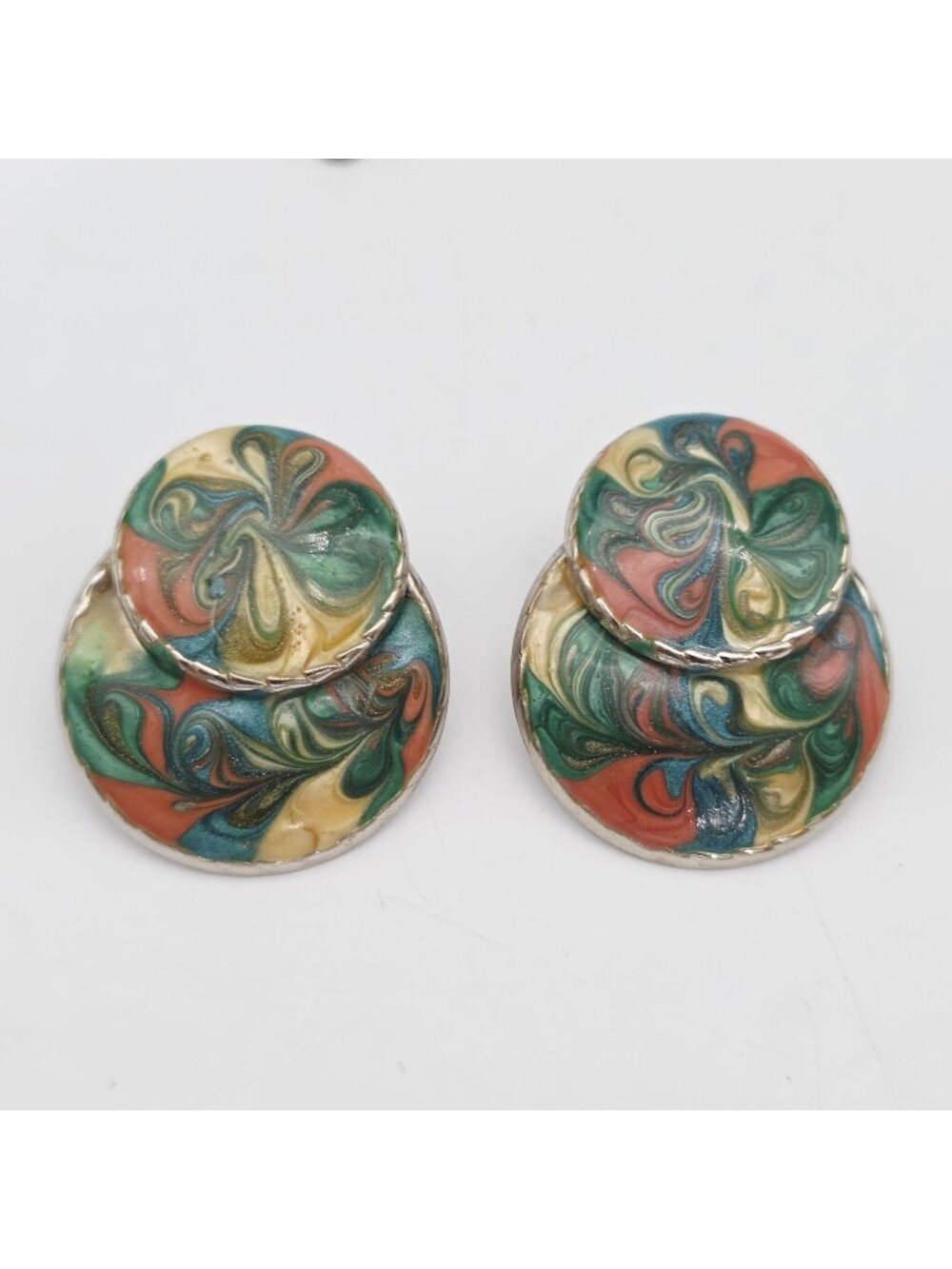 Round Swirl Enamel Earrings Double Layered Design Multicolor Pierced  1.5"